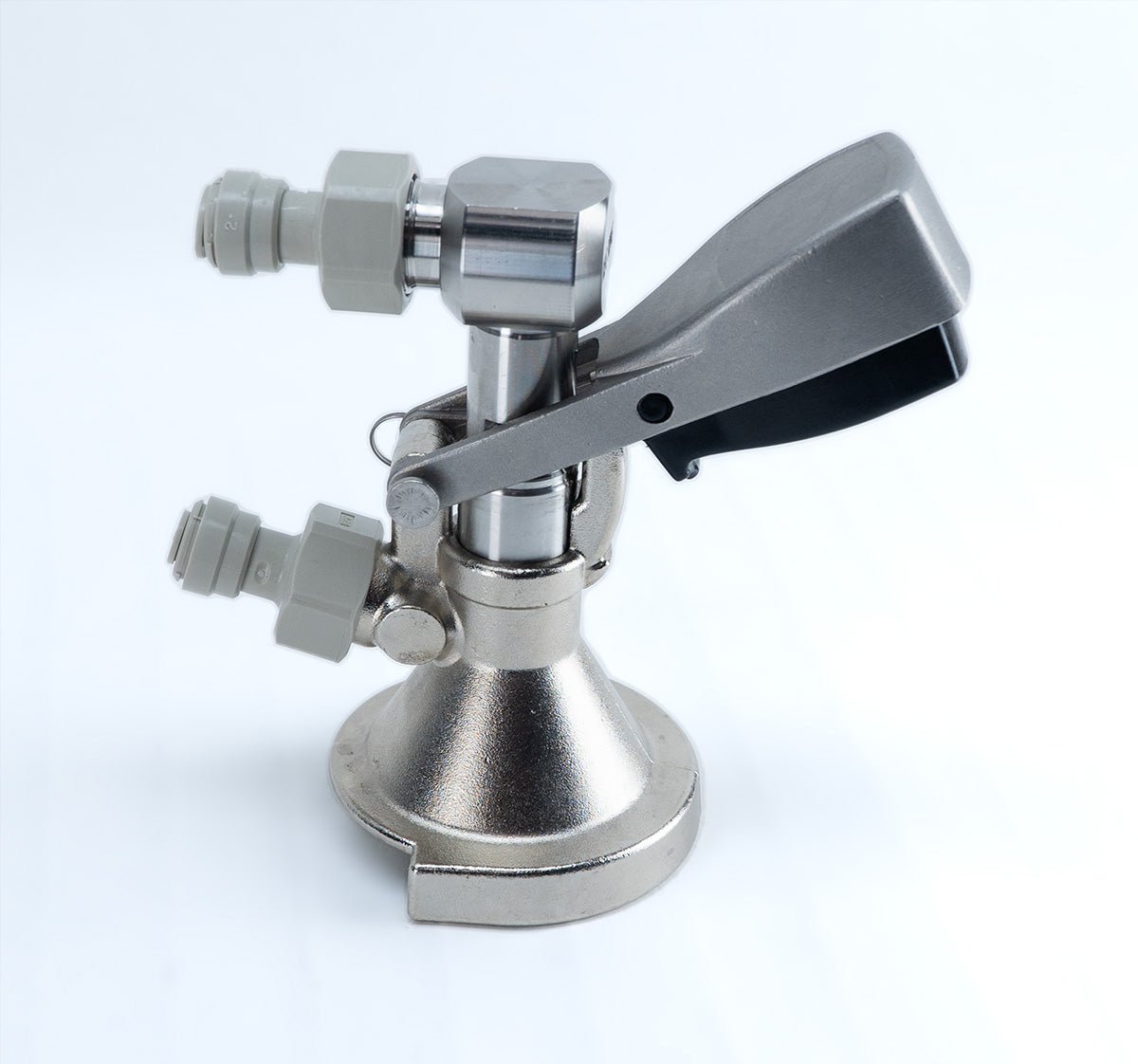 A-type keg coupler with push-in fittings and low profile elbow