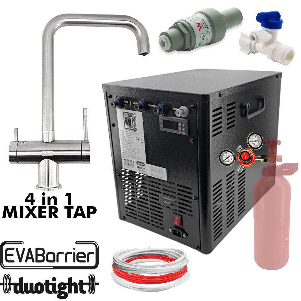 Benchy Sparkling Zero 4 in 1 kitchen mixer kit with under bench carbonator chiller unit and four way mixer tap