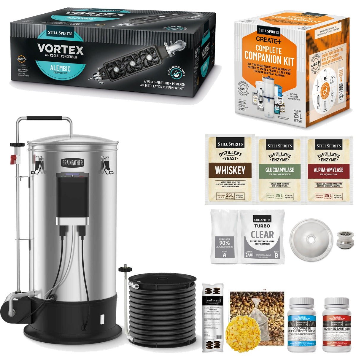 BOURBON DISTILLERY KIT with Grainfather G30v3, VORTEX Air Cooled Alembic Condenser & Bourbon Grain Kit