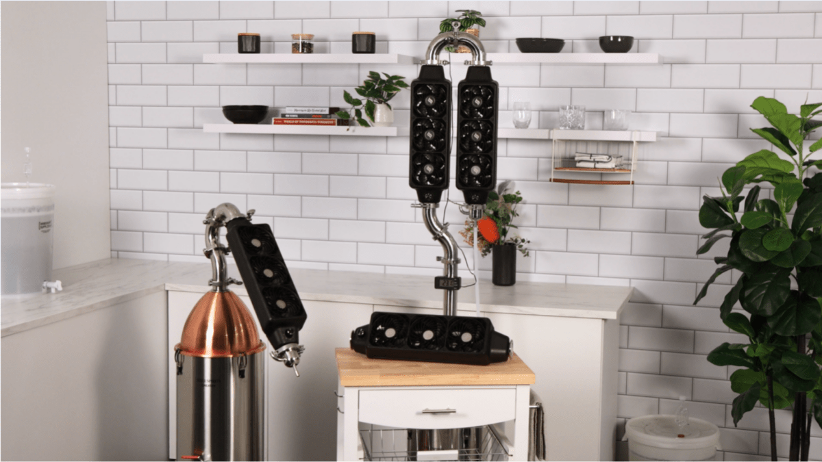 VORTEX air cooled stills set up in a home kitchen, no cooling water needed