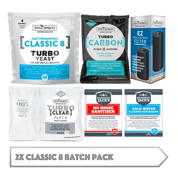 2x Classic 8 Batch Pack: 2x Still Spirits Classic 8 Yeast, 2x Turbo Carbon, 2x Turbo Clear, 2x EZ Filter, 2x Cold Water Detergent & 2x No-Rinse Sanitiser