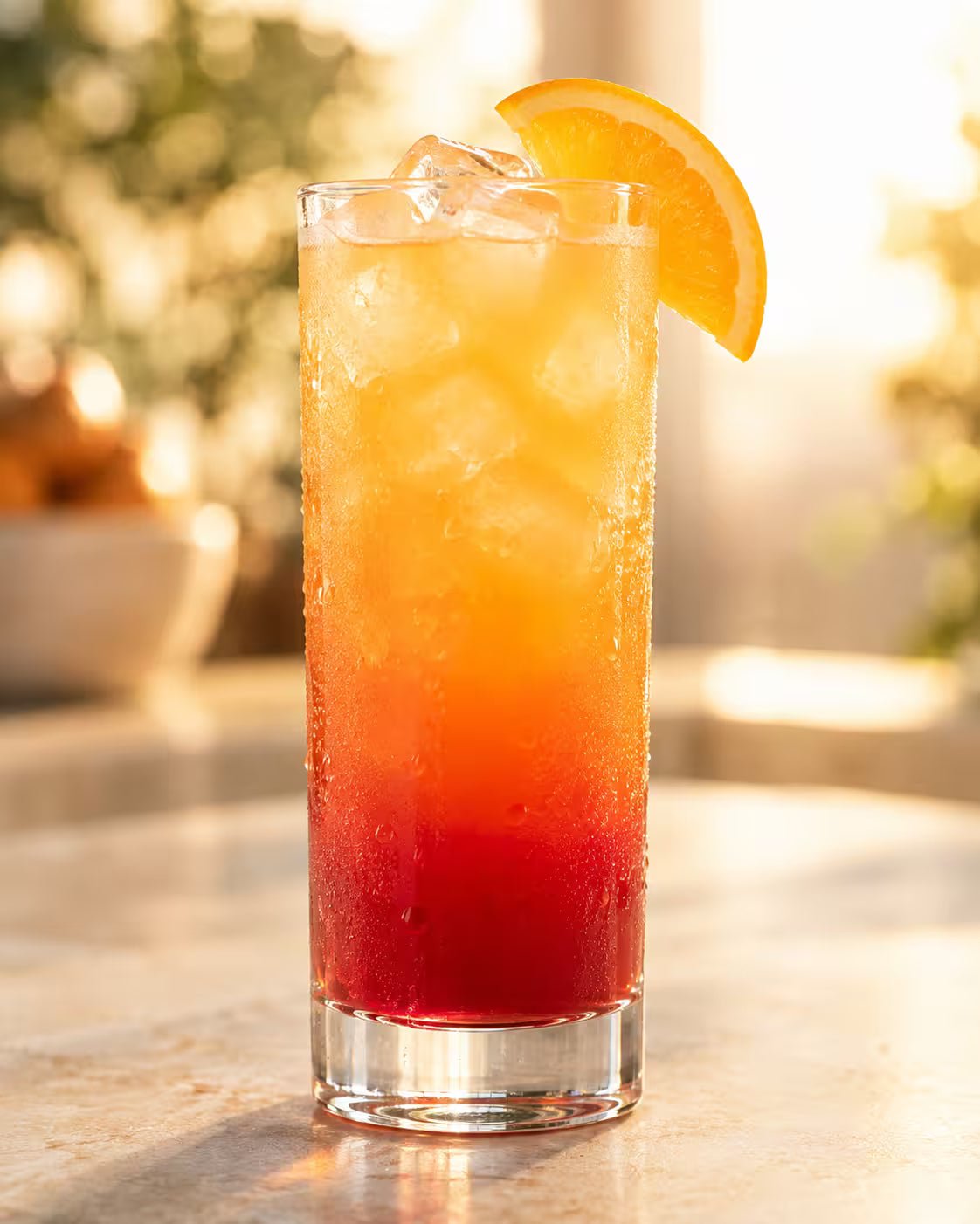 Tequila Sunrise in a highball glass showing the red to orange gradient with an orange slice garnish