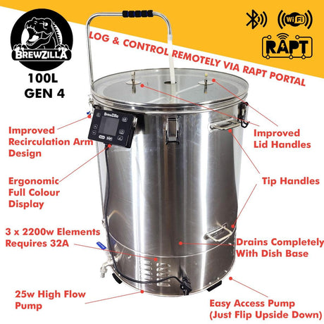 100L BrewZilla Gen 4 with 25w Pump 2200w/2200/2200w - 220 - 240V AC - Distillery King Australia