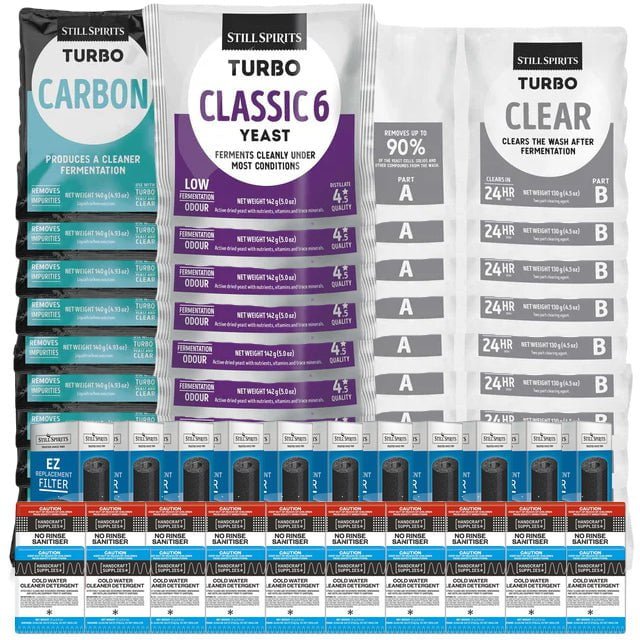 10x T500 Classic 6 Batch Pack: 10x Still Spirits Classic 6 Yeast, 10x Turbo Carbon, 10x Turbo Clear, 10x EZ Filter, 10x Cold Water Detergent & 10x No - Rinse Sanitiser - Distillery King Australia