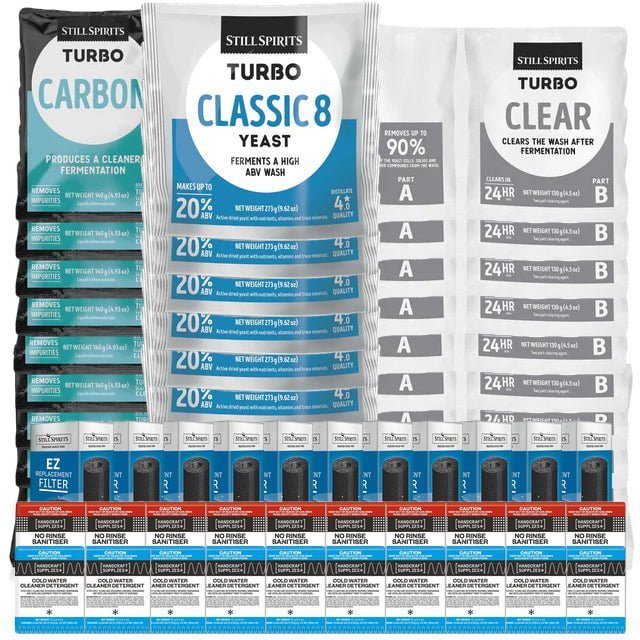 10x T500 Classic 8 Batch Pack: 10x Still Spirits Classic 8 Yeast, 10x Turbo Carbon, 10x Turbo Clear, 10x EZ Filter, 10x Cold Water Detergent & 10x No - Rinse Sanitiser - Distillery King Australia