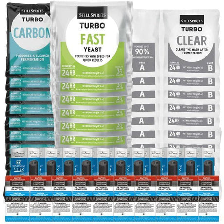10x T500 Fast Yeast Batch Pack: 10x Still Spirits Fast Yeast, 10x Turbo Carbon, 10x Turbo Clear, 10x EZ Filter, 10x Cold Water Detergent & 10x No - Rinse Sanitiser - Distillery King Australia