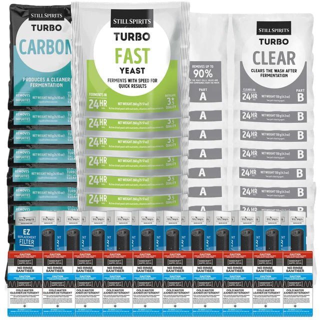 10x T500 Fast Yeast Batch Pack: 10x Still Spirits Fast Yeast, 10x Turbo Carbon, 10x Turbo Clear, 10x EZ Filter, 10x Cold Water Detergent & 10x No - Rinse Sanitiser - Distillery King Australia