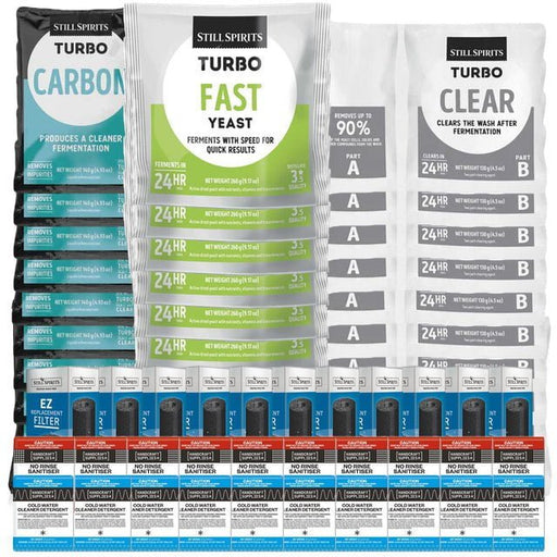 10x T500 Fast Yeast Batch Pack: 10x Still Spirits Fast Yeast, 10x Turbo Carbon, 10x Turbo Clear, 10x EZ Filter, 10x Cold Water Detergent & 10x No - Rinse Sanitiser - Distillery King Australia