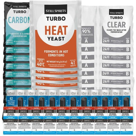 10x T500 Heat Yeast Batch Pack: 10x Still Spirits Heat Yeast, 10x Turbo Carbon, 10x Turbo Clear, 10x EZ Filter, 10x Cold Water Detergent & 10x No - Rinse Sanitiser - Distillery King Australia