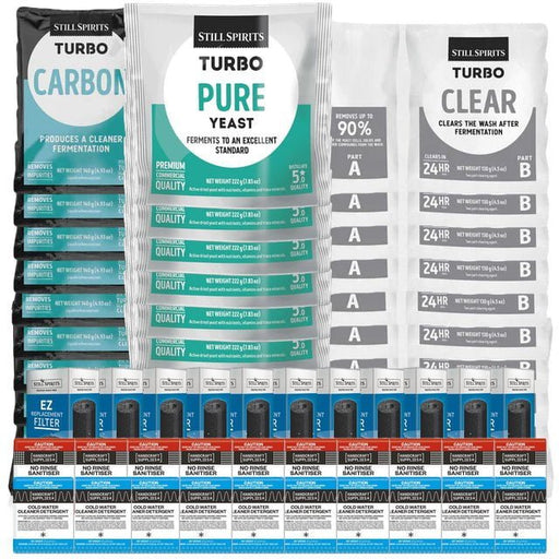 10x T500 Pure Yeast Batch Pack: 10x Still Spirits Pure Yeast, 10x Turbo Carbon, 10x Turbo Clear, 10x EZ Filter, 10x Cold Water Detergent & 10x No - Rinse Sanitiser - Distillery King Australia