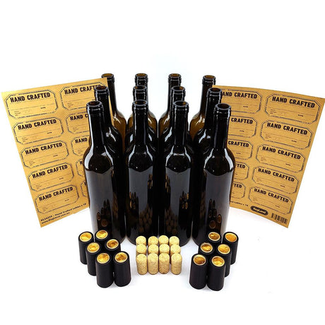 12 x 750mL Wine Bottles - Including Corks, Black Heat Shrink Sleeves & Hand Crafted Labels - Distillery King Australia