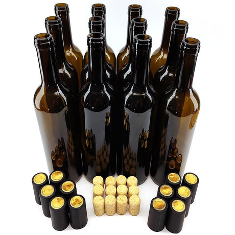 12 x 750mL Wine Bottles - Including Corks, Black Heat Shrink Sleeves & Hand Crafted Labels - Distillery King Australia