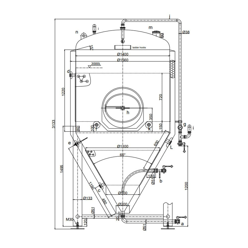 2000 litre jacketed conical fermenter