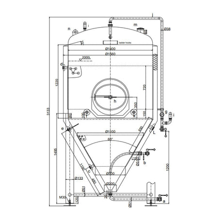 2000 litre jacketed conical fermenter