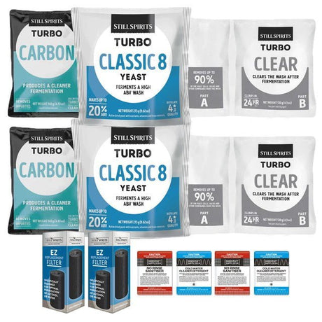 2x T500 Classic 8 Batch Pack: 2x Still Spirits Classic 8 Yeast, 2x Turbo Carbon, 2x Turbo Clear, 2x EZ Filter, 2x Cold Water Detergent & 2x No - Rinse Sanitiser - Distillery King Australia