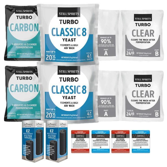 2x T500 Classic 8 Batch Pack: 2x Still Spirits Classic 8 Yeast, 2x Turbo Carbon, 2x Turbo Clear, 2x EZ Filter, 2x Cold Water Detergent & 2x No - Rinse Sanitiser - Distillery King Australia