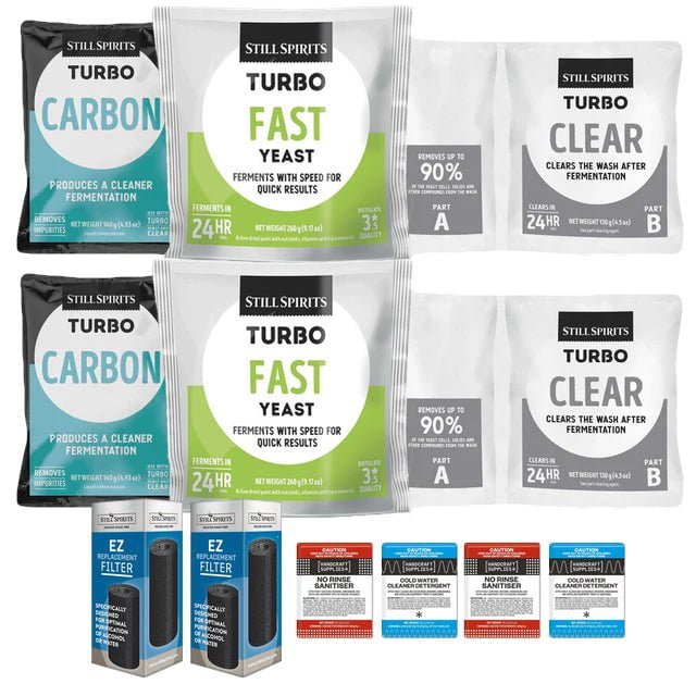 2x T500 Fast Yeast Batch Pack: 2x Still Spirits Fast Yeast, 2x Turbo Carbon, 2x Turbo Clear, 2x EZ Filter, 2x Cold Water Detergent & 2x No - Rinse Sanitiser - Distillery King Australia