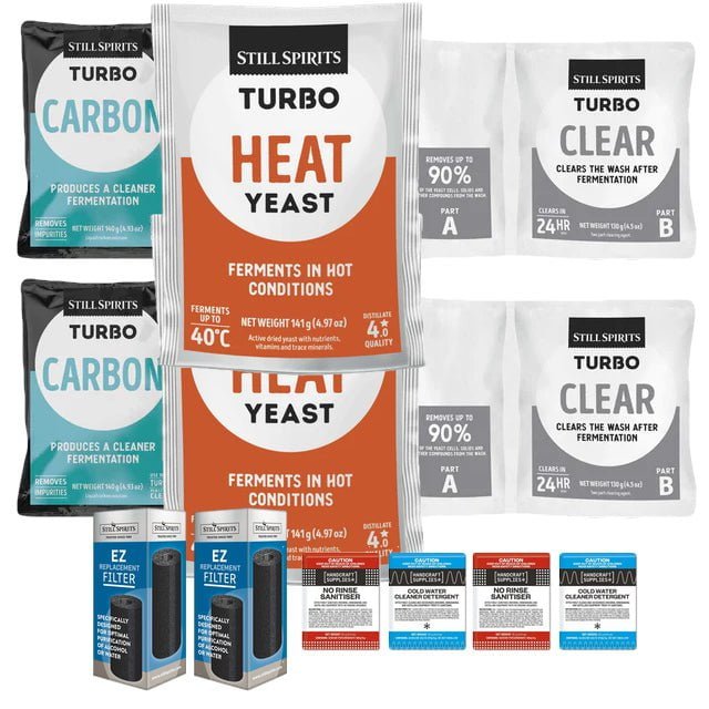 2x T500 Heat Yeast Batch Pack: 2x Still Spirits Heat Yeast, 2x Turbo Carbon, 2x Turbo Clear, 2x EZ Filter, 2x Cold Water Detergent & 2x No - Rinse Sanitiser - Distillery King Australia