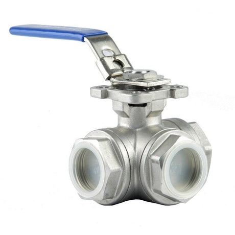 304 stainless steel 3 way ball valve with 1/2 inch BSP threads, T port configuration