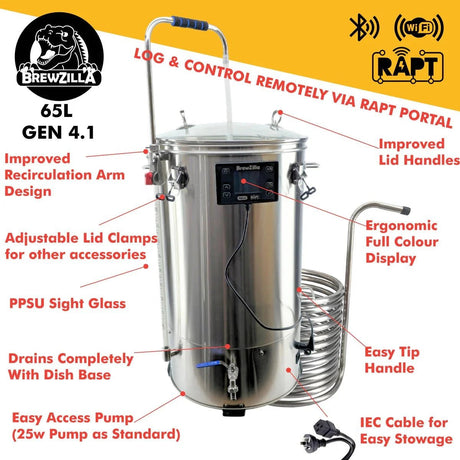 65L BrewZilla Gen 4.1 with 25w Pump 2000w/1000/500w - 220 - 240V AC - Distillery King Australia