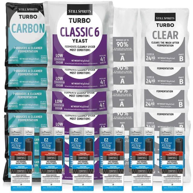 6x T500 Classic 6 Batch Pack: 6x Still Spirits Classic 6 Yeast, 6x Turbo Carbon, 6x Turbo Clear, 6x EZ Filter, 6x Cold Water Detergent & 6x No - Rinse Sanitiser - Distillery King Australia