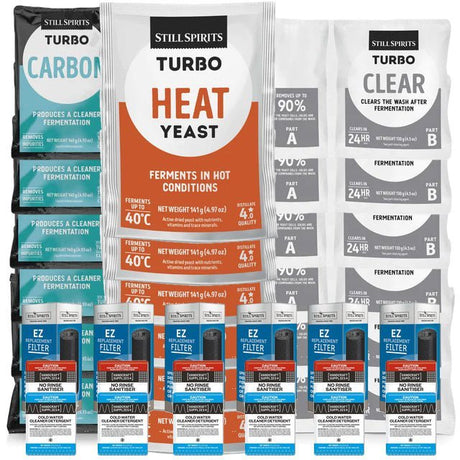 6x T500 Heat Yeast Batch Pack: 6x Still Spirits Heat Yeast, 6x Turbo Carbon, 6x Turbo Clear, 6x EZ Filter, 6x Cold Water Detergent & 6x No - Rinse Sanitiser - Distillery King Australia