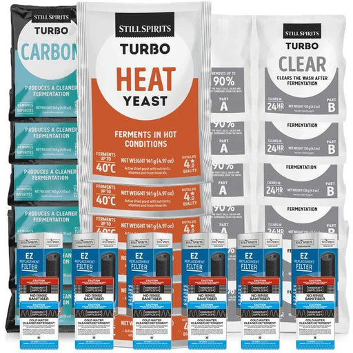 6x T500 Heat Yeast Batch Pack: 6x Still Spirits Heat Yeast, 6x Turbo Carbon, 6x Turbo Clear, 6x EZ Filter, 6x Cold Water Detergent & 6x No - Rinse Sanitiser - Distillery King Australia