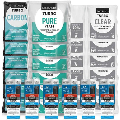 6x T500 Pure Yeast Batch Pack: 6x Still Spirits Pure Yeast, 6x Turbo Carbon, 6x Turbo Clear, 6x EZ Filter, 6x Cold Water Detergent & 6x No - Rinse Sanitiser - Distillery King Australia
