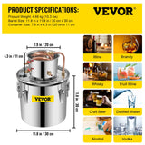 Vevor Alcohol Still 19L Stainless Steel Water Alcohol Essential Oils Distiller Copper Tube Home Brewing Kit Build-in Thermometer