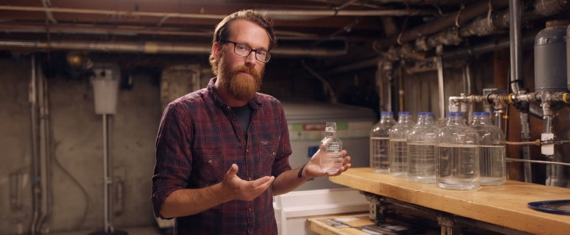 Man holding a bottle in a workshop setting with various bottles on a table.