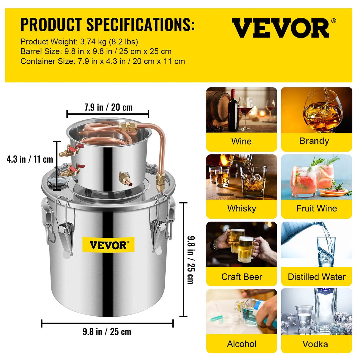 Vevor Alcohol Still 12L Stainless Steel Water Alcohol Essential Oils Distiller Copper Tube Home Brewing Kit Build-in Thermometer