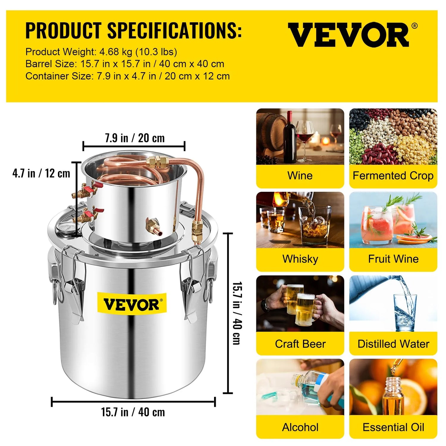 Vevor Alcohol Still 50L Alcohol Distiller With Copper Tube Alcohol Distiller With Circulating Pump Essential Oils Distilling Kit w/Build-In Thermometer Make DIY Alcohol Stainless Steel