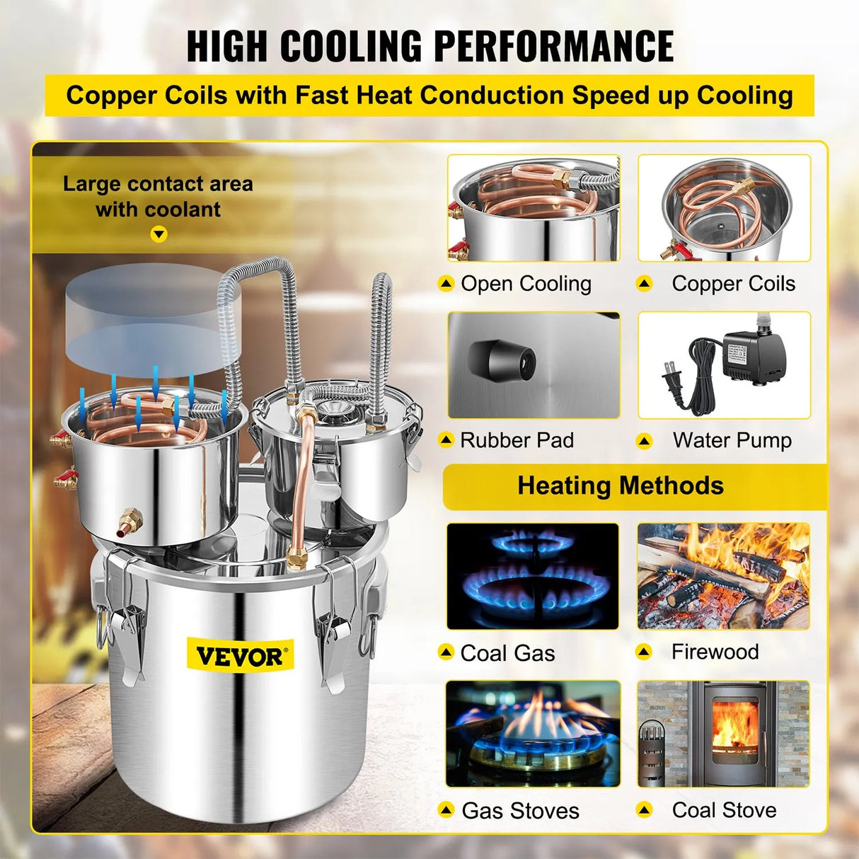 VEVOR Moonshine Still 50L Distiller Stainless Steel Water Alcohol Essential Oils Copper Tube with Circulating Pump Home Brewing Kit Build-in Thermometer