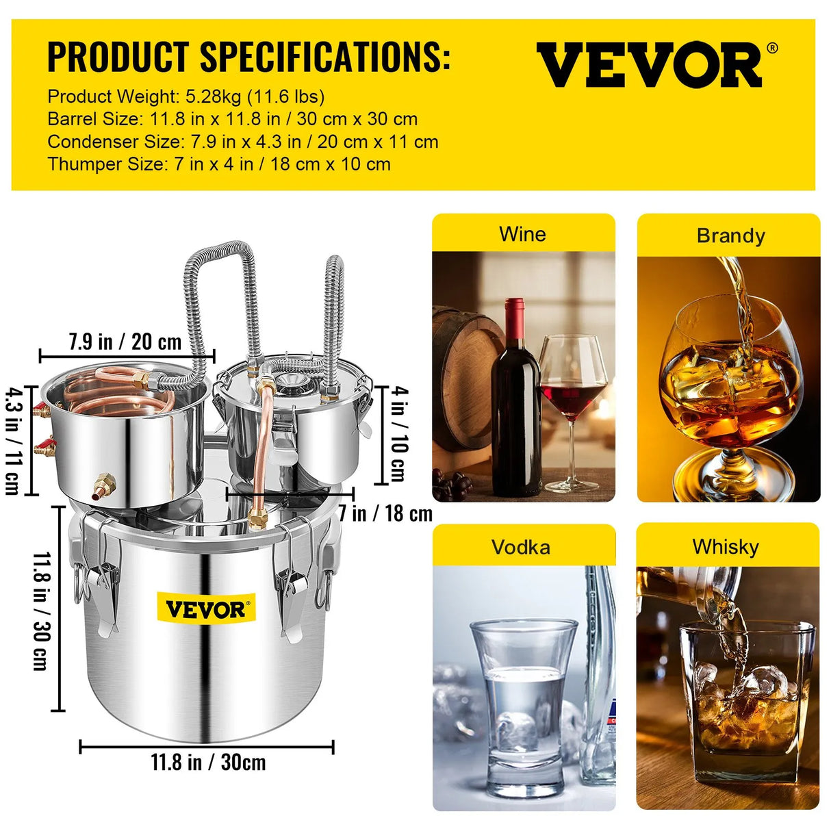 Vevor Moonshine Still 19L Distiller Stainless Steel Water Essential Oils Distiller Copper Tube With Circulating Pump Home Brewing Kit Build-in Thermometer