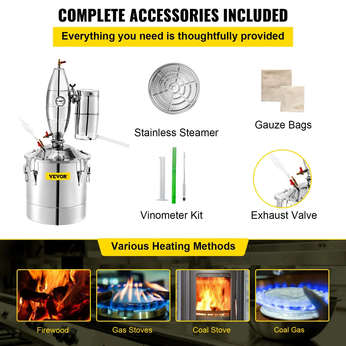 Vevor Alcohol Still 70L Distiller Distillery Kit Home Moonshine Still With Thermometer and Fermentation Tank for Alcohol & Essential Oil Distilling