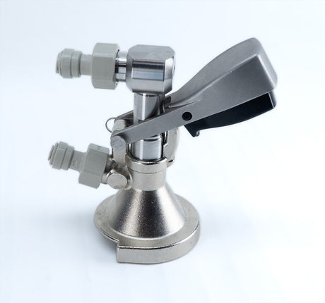 A-type keg coupler with push-in fittings and low profile elbow