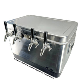 Four way jockey box for portable draught beer dispensing, taps not included