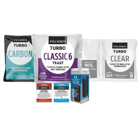T500 Classic 6 Batch Pack: Still Spirits Classic 6 Yeast, Turbo Carbon, Turbo Clear, EZ Filter, Cold Water Detergent & No - Rinse Sanitiser - Distillery King Australia