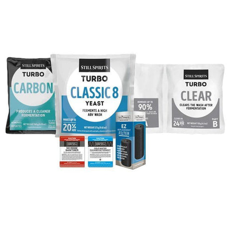 T500 Classic 8 Batch Pack: Still Spirits Classic 8 Yeast, Turbo Carbon, Turbo Clear, EZ Filter, Cold Water Detergent & No - Rinse Sanitiser - Distillery King Australia
