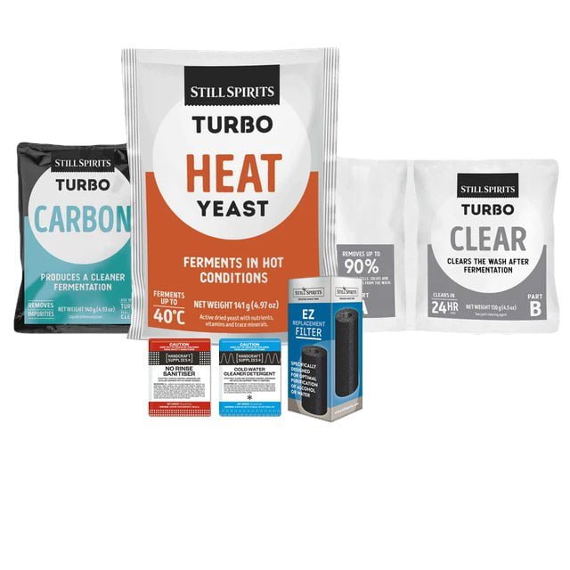 T500 Heat Yeast Batch Pack: Still Spirits Heat Yeast, Turbo Carbon, Turbo Clear, EZ Filter, Cold Water Detergent & No - Rinse Sanitiser - Distillery King Australia