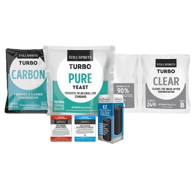 T500 Pure Yeast Batch Pack: Still Spirits Pure Yeast, Turbo Carbon, Turbo Clear, EZ Filter, Cold Water Detergent & No - Rinse Sanitiser - Distillery King Australia