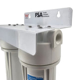 Twin body undersink water filter housing showing 1/2 inch BSP female threads for standard plumbing fittings