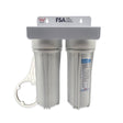 Twin body undersink water filter housing, WaterMark certified, with opening spanner and steel mounting bracket