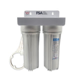 Twin body undersink water filter housing, WaterMark certified, with opening spanner and steel mounting bracket