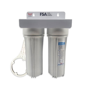 Twin body undersink water filter housing, WaterMark certified, with opening spanner and steel mounting bracket