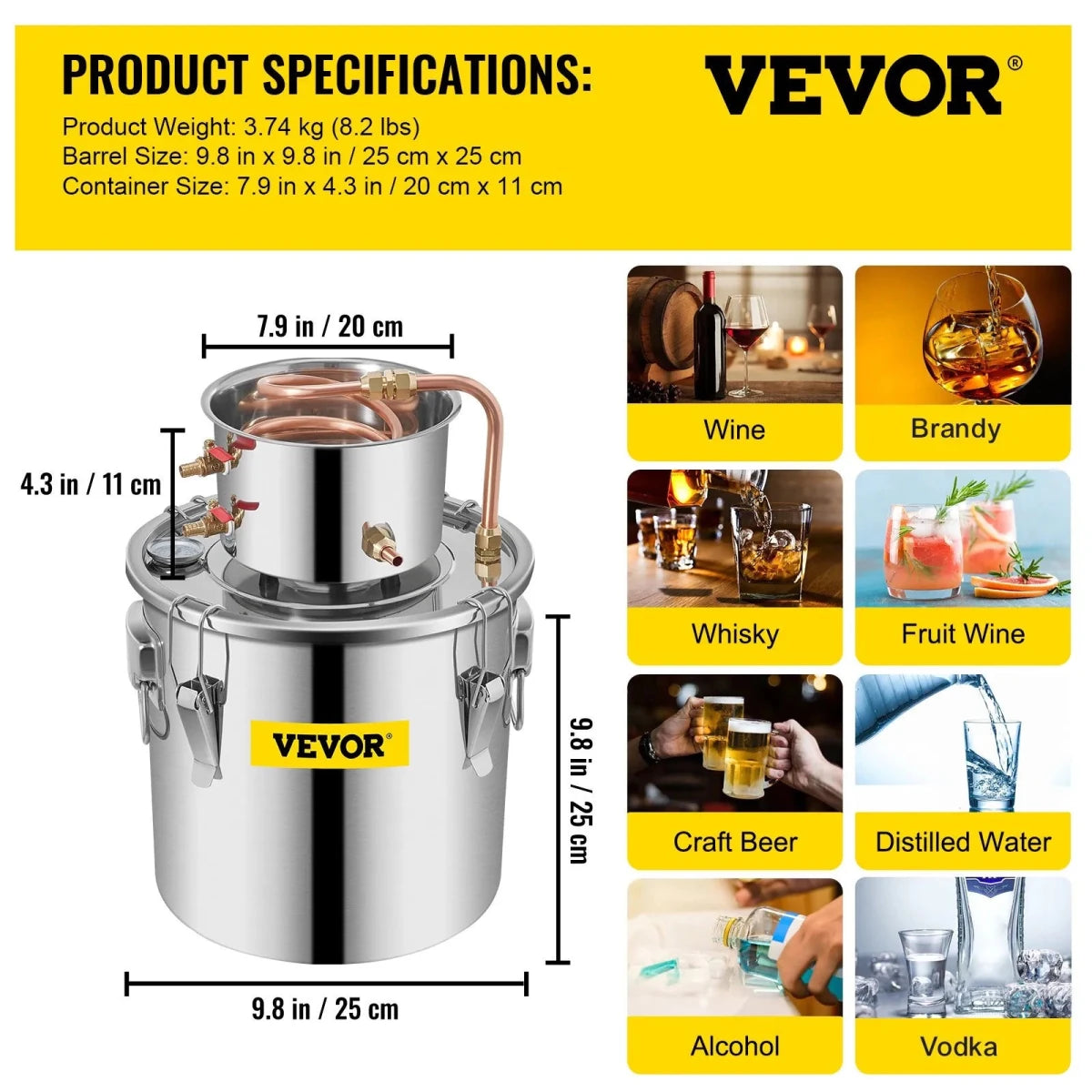 Vevor Alcohol Still 12L Stainless Steel Water Alcohol Essential Oils Distiller Copper Tube Home Brewing Kit Build-in Thermometer - Distillery King Australia