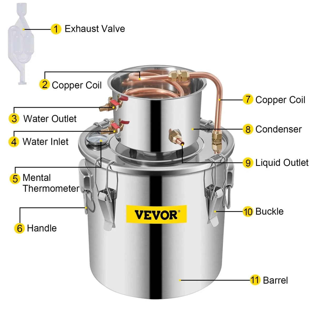 Vevor Alcohol Still 12L Stainless Steel Water Alcohol Essential Oils Distiller Copper Tube Home Brewing Kit Build-in Thermometer - Distillery King Australia