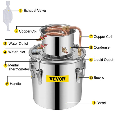 Vevor Alcohol Still 12L Stainless Steel Water Alcohol Essential Oils Distiller Copper Tube Home Brewing Kit Build-in Thermometer - Distillery King Australia