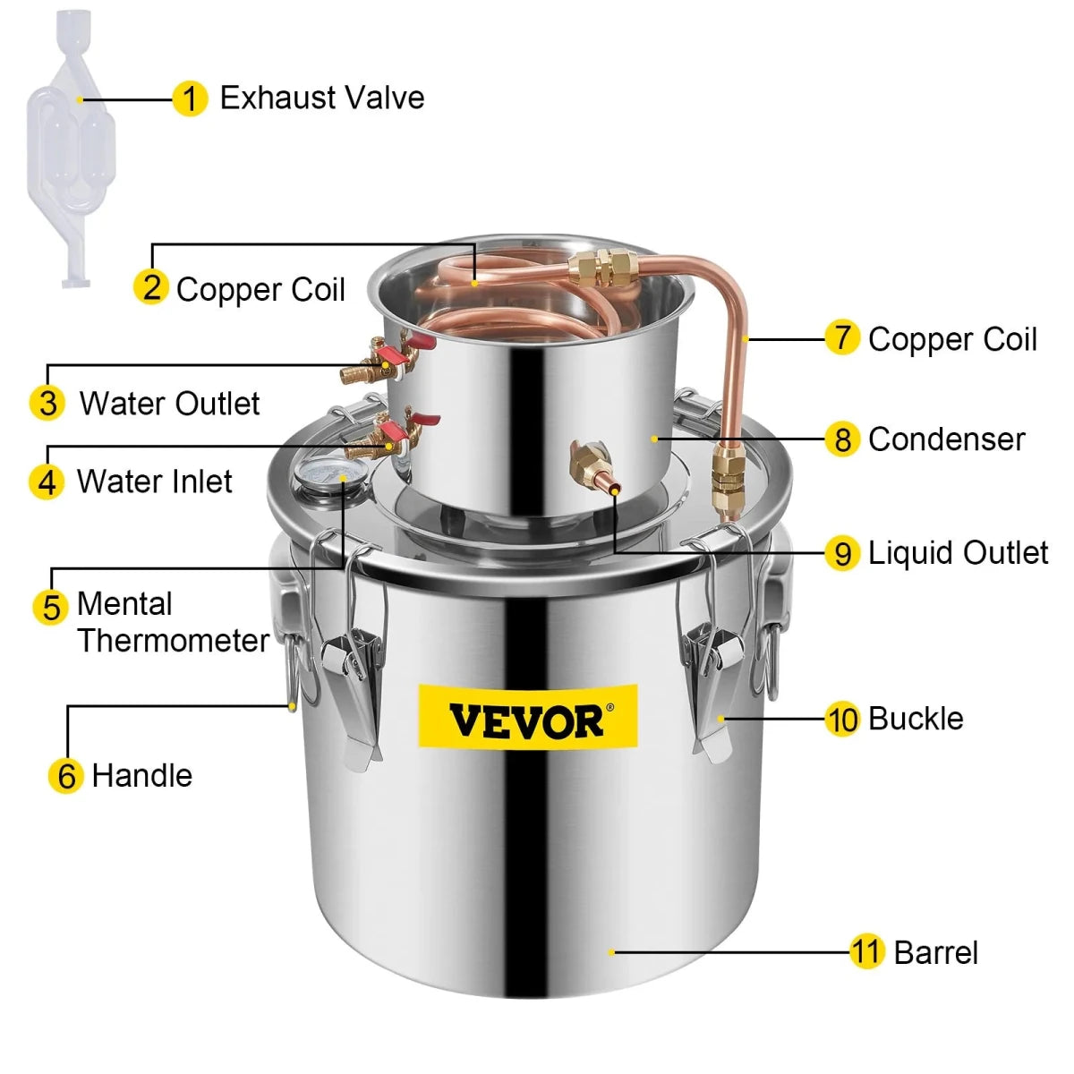 Vevor Alcohol Still 19L Stainless Steel Water Alcohol Essential Oils Distiller Copper Tube Home Brewing Kit Build-in Thermometer - Distillery King Australia