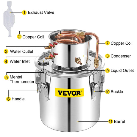 Vevor Alcohol Still 50L Alcohol Distiller With Copper Tube Alcohol Distiller With Circulating Pump Essential Oils Distilling Kit w/Build-In Thermometer Make DIY Alcohol Stainless Steel - Distillery King Australia